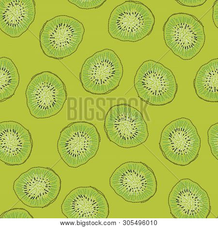 Seamless Vector Pattern With Embroidered Kiwi Fruits. Surface Pattern Design.