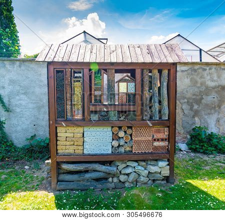 Insect Hotel. Wooden House For Insect, Bug, Bees. Decorative Animal Home, Concept Of Ecological And 