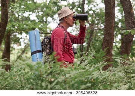 Profile Of Old Traveller Going Camping Alone, Checking Surroundings, Looking Through Binoculars, Fon