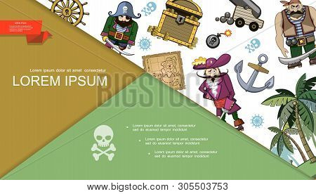 Cartoon Pirates Colorful Composition With Treasure Map Chest Of Gold Coins Steering Wheel Bomb Ship 