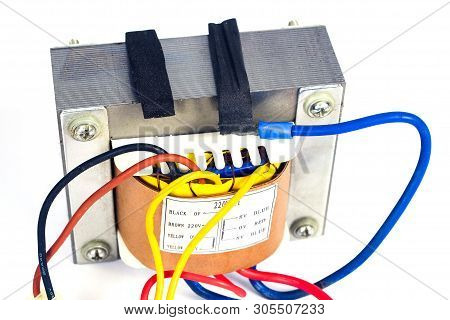 Power Transformers For Supplying Electronic On White Background.