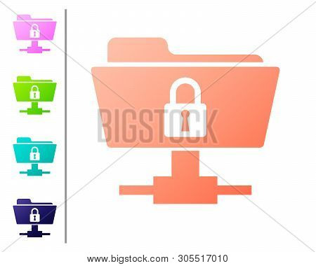 Coral Ftp Folder And Lock Icon Isolated On White Background. Concept Of Software Update, Ftp Transfe