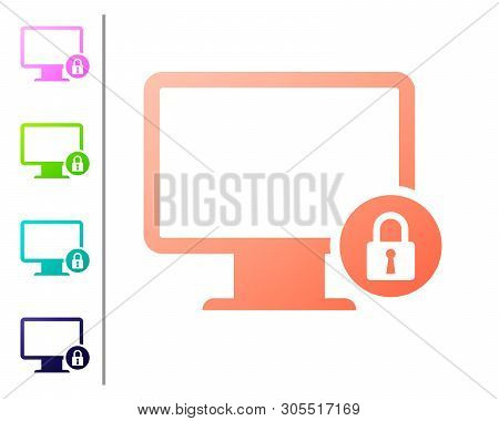Coral Lock On Computer Monitor Screen Icon Isolated On White Background. Monitor And Padlock. Securi
