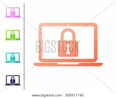 Coral Laptop And Lock Icon Isolated On White Background. Computer And Padlock. Security, Safety, Pro