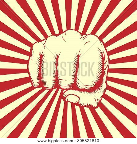 An Original Design Of A Fist In A Vintage Propaganda Poster Woodcut Etching Style