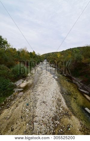View Of The Fast Mountain River With Stones In The Cherek Gorge In The Mountains Of The North Caucas