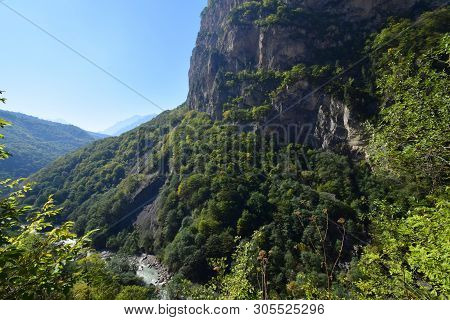 View Of The Evening Cherek Gorge With Stones And Mountains With Forest In Cherek Gorge In The Mounta