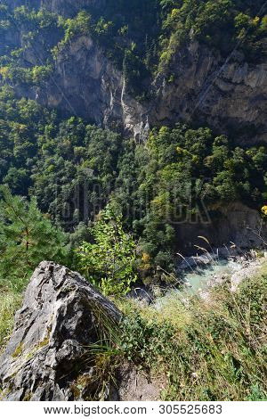 View Of A Mountain Gorge With Stones And Mountains With A Forest In Cherek Gorge In The Mountains Of