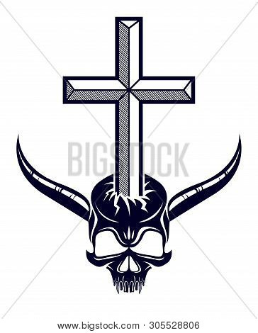 Christian Cross Kills Dead Head Skull Of Satan, Devil And God Fight, Good And Evil Struggles, Good A