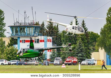Balashikha, Moscow Region, Russia - May 25, 2019: Helicopter Races By Helicopter Robinson R44 Raven 