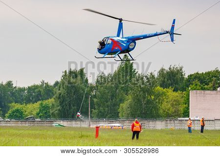 Balashikha, Moscow Region, Russia - May 25, 2019: Helicopter Races By Helicopter Robinson R44 Raven 