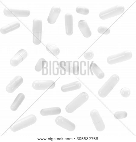 3d White Capsule Vitamins. White Pills In Flight. 3d Render, 3d Image, 3d Model, 3d Illustration