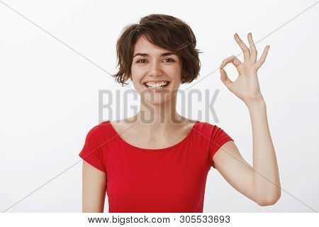 Everything Okay Going Plan. Cheerful Assertive Confident Young Carefree Woman Show Ok Approval Good 