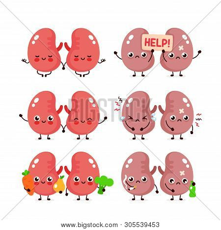 Cute Kidneys Set. Healthy And Unhealthy Human Organ. Vector Modern Style Cartoon Character Illustrat