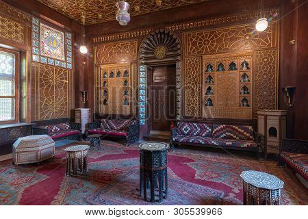 Cairo, Egypt- August 26 2018: Manial Palace Of Prince Mohammed Ali. Guests Hall With Wooden Ornate C