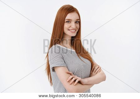 Girl Professional Ready Tackle Mission. Confident Upbeat Energized Redhead Female Student Blue Eyes 