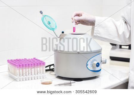 Technician Loading A Sample To Centrifuge Machine In The Medical Or Scientific Laboratory .