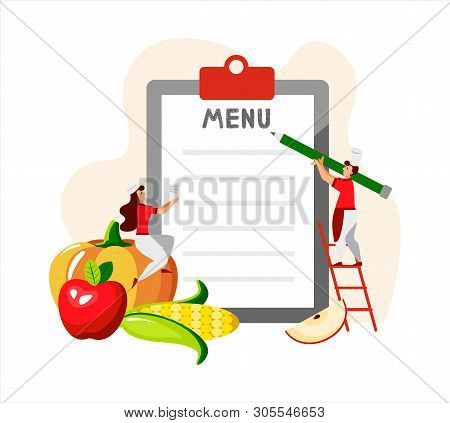 Small Mini-cooks Make Up The Menu For The Day. Clipboard With Blank Paper And Green Pencil. Vegetabl