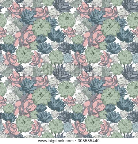 Succulent Set Of Seamless Vector Patterns In Pastel Colors