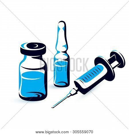 Vector Graphic Illustration Of Vial, Ampoule With Medicine And Medical Syringe For Injections. Sched