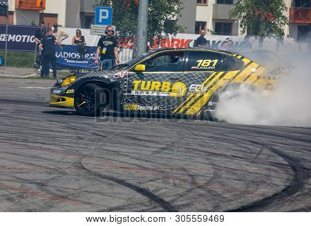 Cracow, Poland - May 18, 2019: Drift Car In Action  At 5th Edition Of Moto Show In Cracow. Poland.