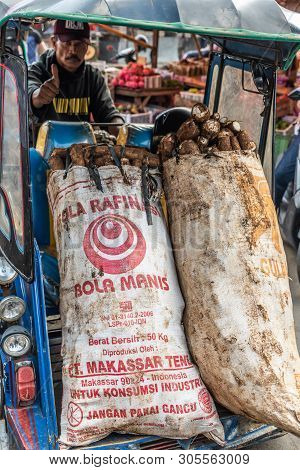 Makassar, Sulawesi, Indonesia - February 28, 2019: Terong Street Market. Closeup Of Two Large White-