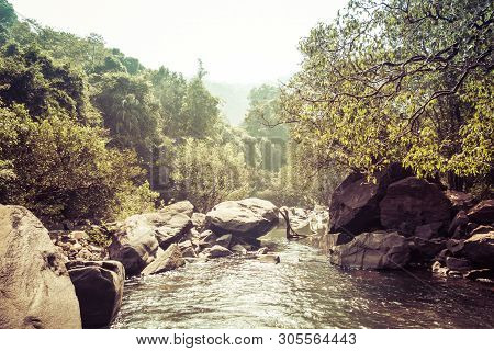 Landscape Of The Mountain River Mandovi At The Dudhsagar Waterfall