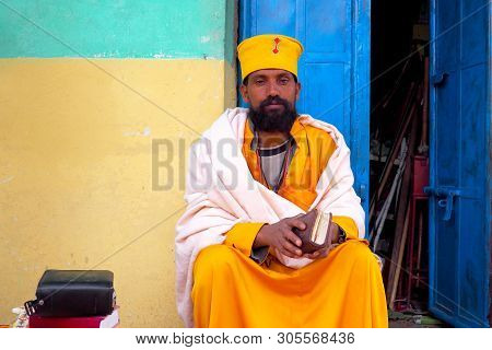 Debre Damo, Ethiopia - 7 June 2019 : A Monk At Ancient Debre Damo Monastery Building, Tigray, Ethiop