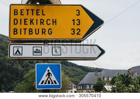 Vianden, Luxembourg - May 18, 2019: Directional Signs On A Road In Vianden, Town In Luxembourgs Arde