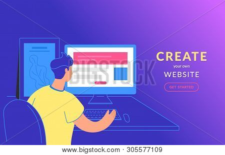 Create Your Own Website Flat Vector Illustration Of Young Man Sitting With Pc And Creating Website W