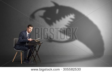 Little hard worker afraid of scary monster shadow