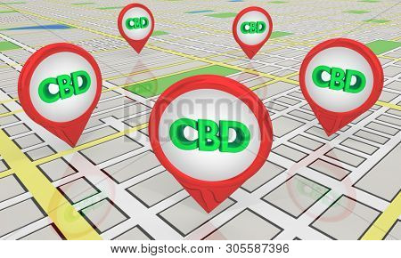 CBD Cannabidiol Marijuana Cannabis Map Pins Store Locations 3d Illustration