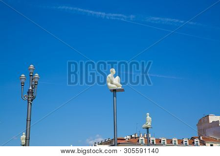 Nice, France - April 18 2017. Place Massena Sculpture Lights, Historic Square In Nice, Old Town.