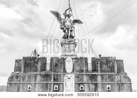 Bronze Statue Of Michael The Archangel On The Top Of The Castel Santangelo, Rome, Italy