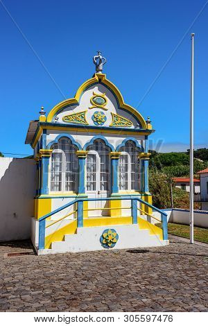 Decorated Facade Of A Church In Azores With The Traditional Blue And White Colors. Portugal