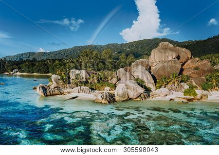 The Most Beautiful Anse Source Dargent Tropical Beach, La Digue Seychelles. Luxury Exotic Travel Con
