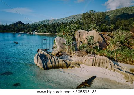 Aerial Drone View Of Unique Anse Source Dargent Tropical Beach, La Digue Seychelles. Luxury Exotic R