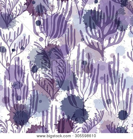 Coral Polyps Seamless Pattern. Paint Splashes Drops Watercolor Background. Australian Staghorn And P