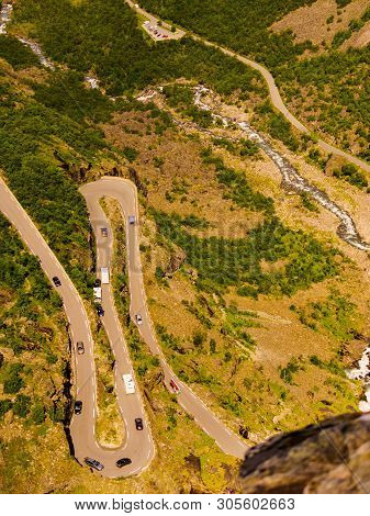 Trolls Path Trollstigen Winding Scenic Mountain Road With Many Cars, Norway Europe. National Tourist