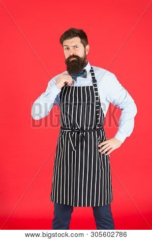 Work Addict. Hipster Wearing Elegant Work Uniform. Cook Or Bartender Doing Routine Work In Restauran