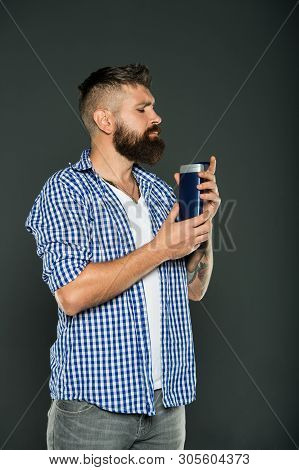 Hair Care And Skincare. Handsome Bearded Guy Recommend Shower Gel Liquid Soap Product. Personal Hygi