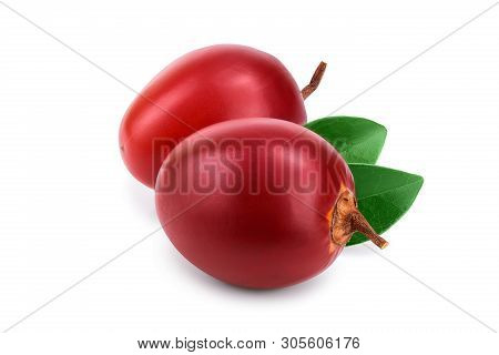 Fresh Tamarillo Fruit With Leaves Isolated On White Background