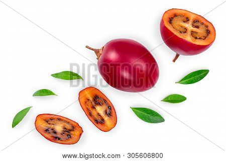 Fresh Tamarillo Fruit With Leaves Isolated On White Background. Top View. Flat Lay