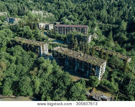 Ruined Lost Overgrown Mining Ghost Town Akarmara, Consequences Of War In Abkhazia, Aerial View From 