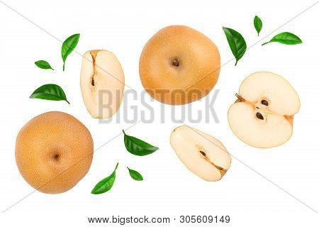 Fresh Asian Pear With Leaves Isolated On White Background. Top View. Flat Lay.