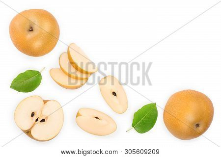 Fresh Asian Pear With Leaves Isolated On White Background With Copy Space For Your Text. Top View. F