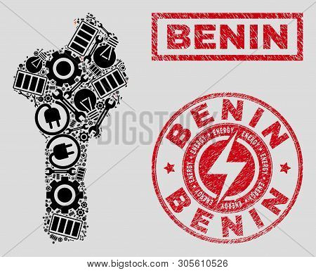 Composition Of Mosaic Power Supply Benin Map And Grunge Stamp Seals. Collage Vector Benin Map Is Cre
