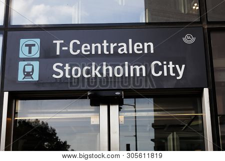 Stockholm, Sweden - September 13, 2018: Close-up Of The Sign Above The Entrance To The T-centralen M