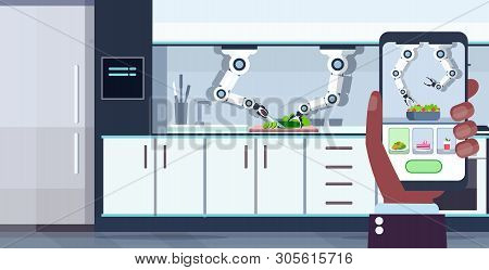 Human Hand Using Mobile Application Smart Handy Chef Robot Cooking Serving Food Kitchen Assistant Ro