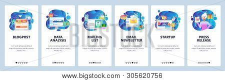 Mobile App Onboarding Screens. Digital Marketing, Email Newsletter, Data Analysis, Business Startup.